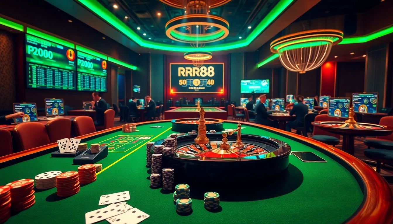 Gamblers enjoying the luxury of RR88 online casino games with vibrant tables and chips.