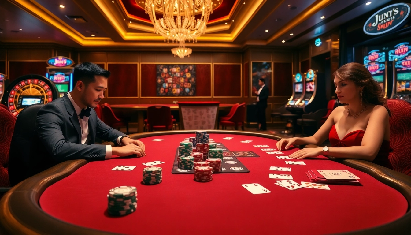 Players engaged in a thrilling poker game at Jun 88 casino, showcasing excitement and luxury.