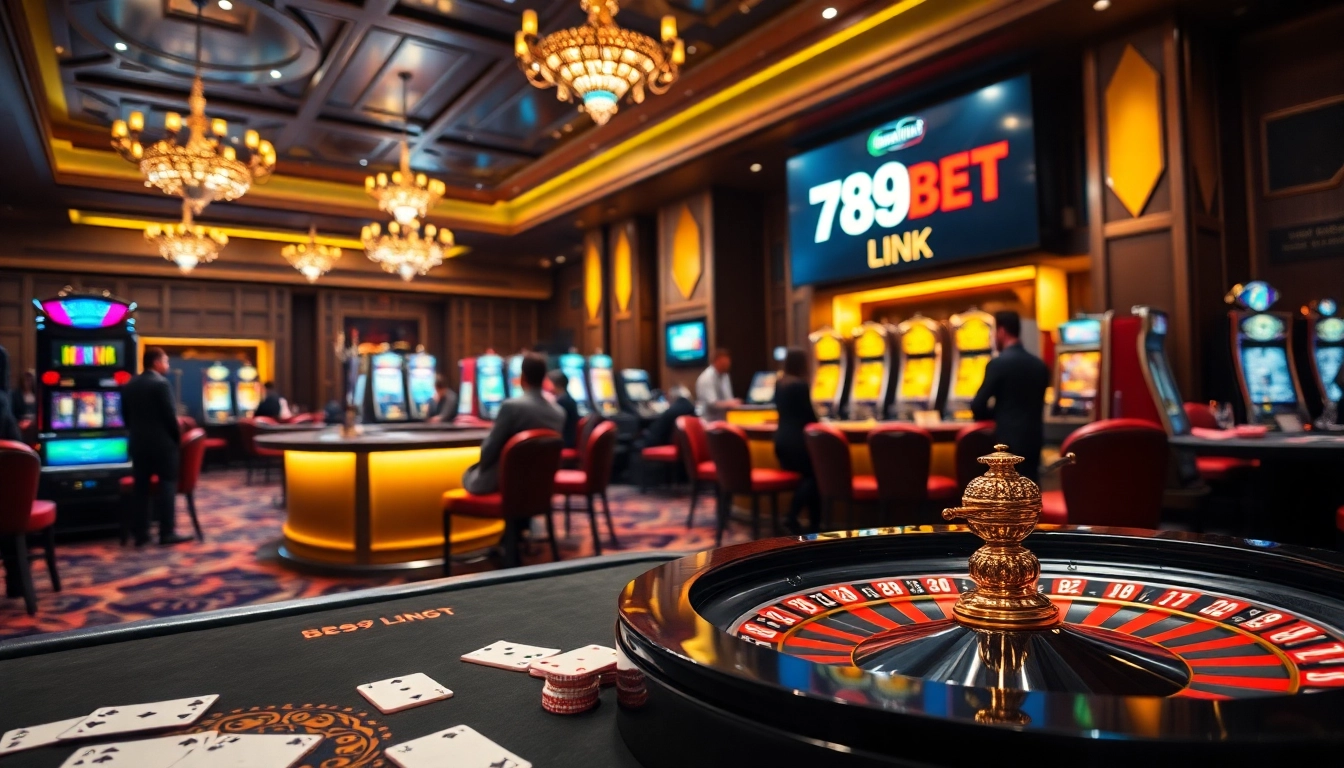 A thrilling scene showcasing the 789BET LINK at a luxurious casino with vibrant tables and exciting gaming elements.