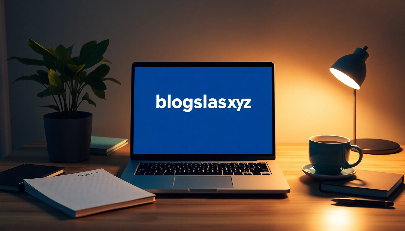 A modern blogging workspace featuring blogslabs.xyz on a laptop, with coffee and notebooks.