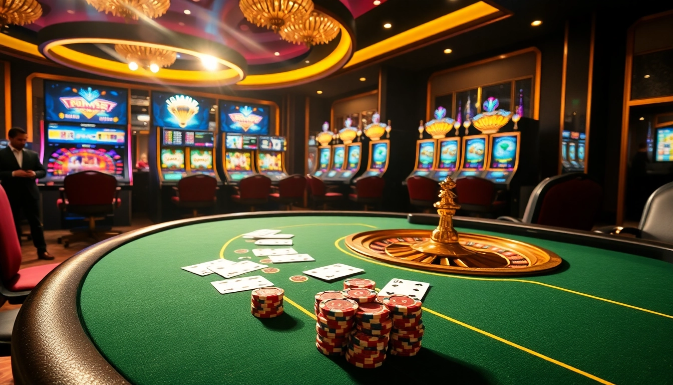 Experience high-stakes gaming at 789f com with an elegant casino scene featuring poker tables and dazzling slot machines.