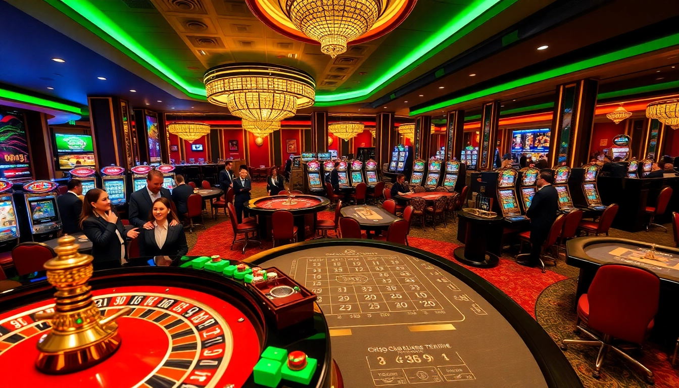 Dynamic casino setup featuring roulette and poker games at Ok99, emphasizing excitement and luxury.