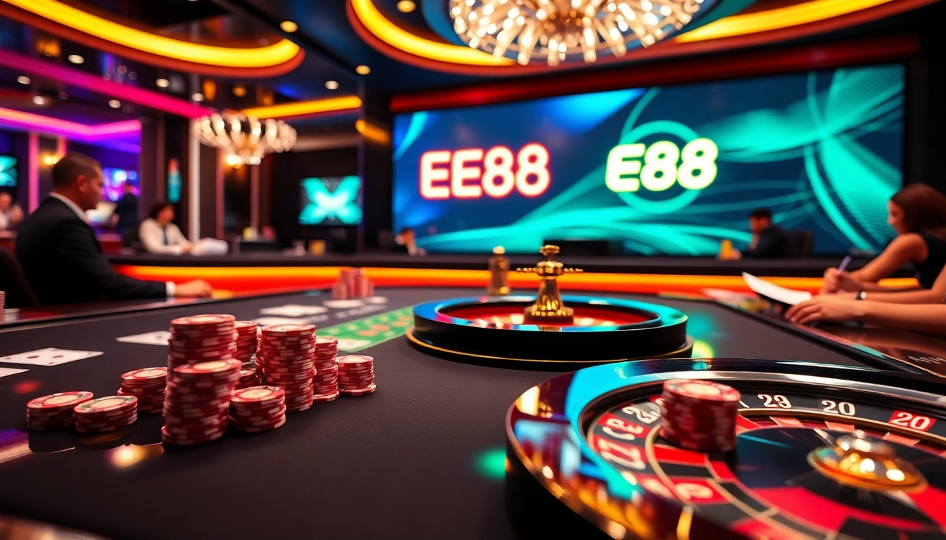 Players enjoying an EE88 casino game with poker chips and a roulette wheel.