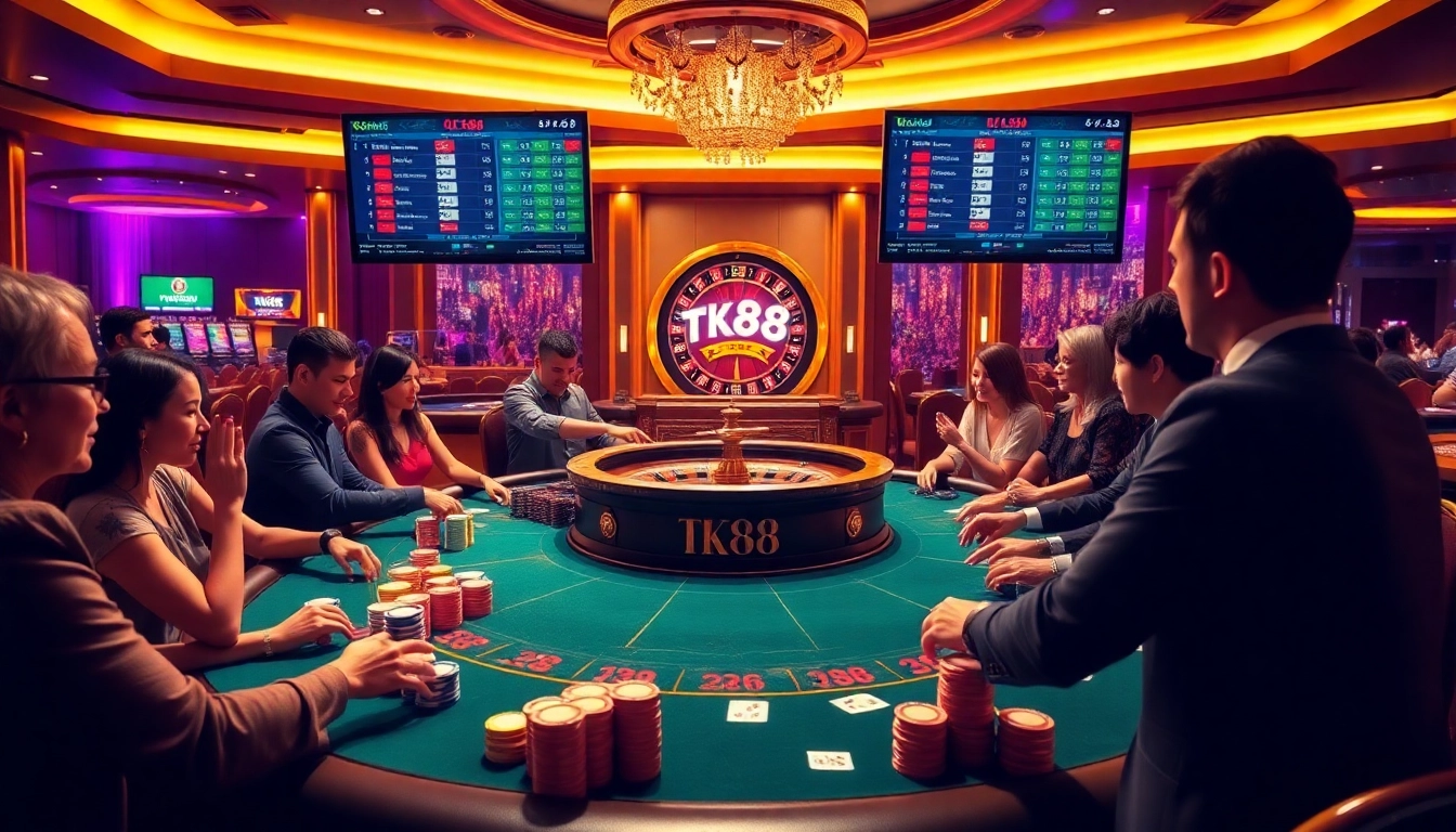 Experience the excitement of tk88 casino gaming with luxurious poker tables and vibrant decor.