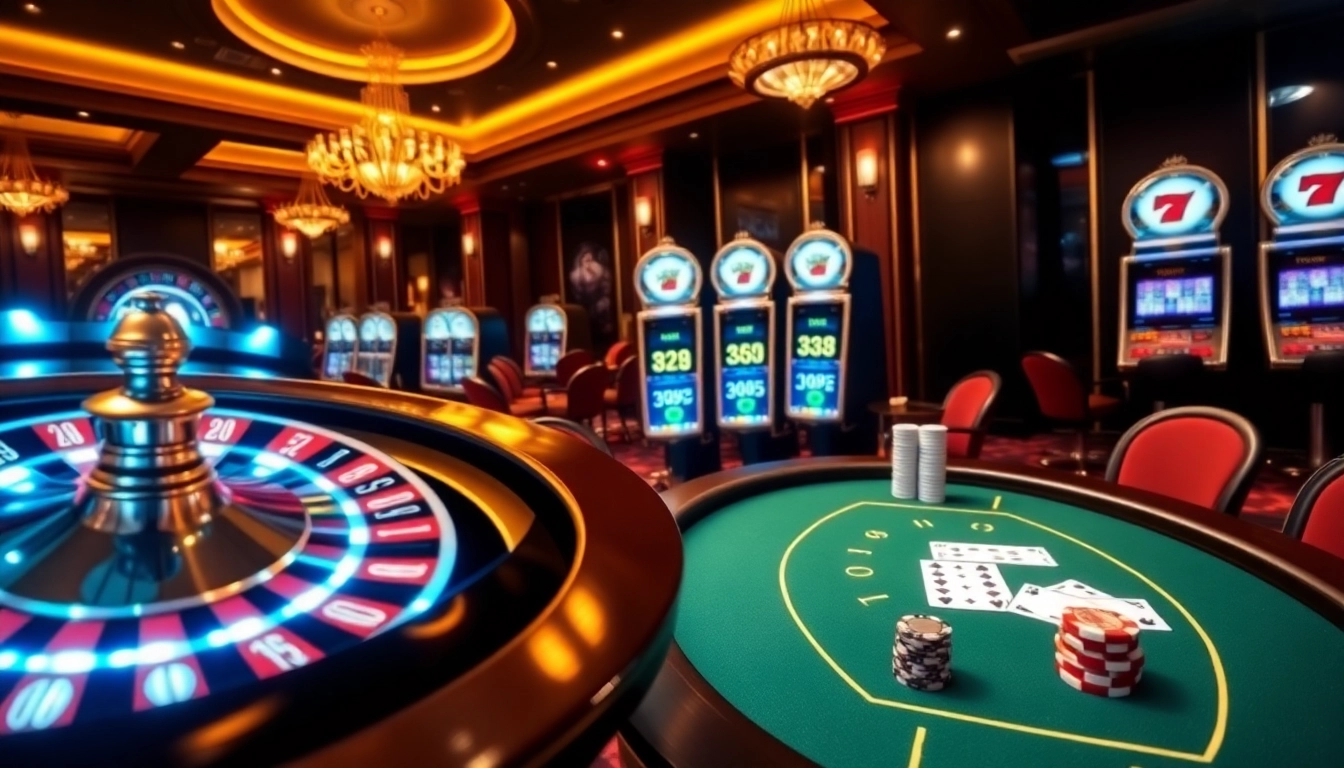 A vibrant casino scene at uk88.com showcasing luxury casino tables, slot machines, and engaging online gambling activities.