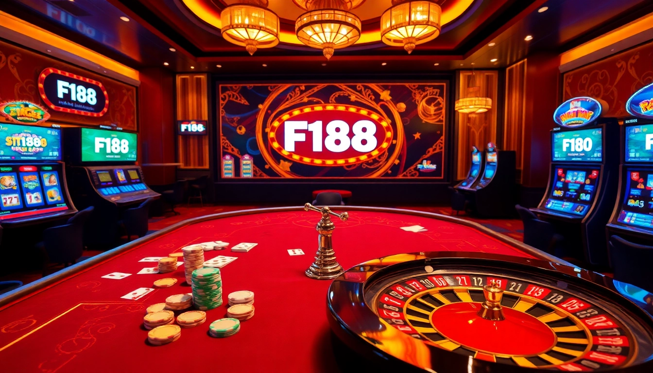 Experience the excitement of F168 at a luxurious casino table filled with poker chips and cards.
