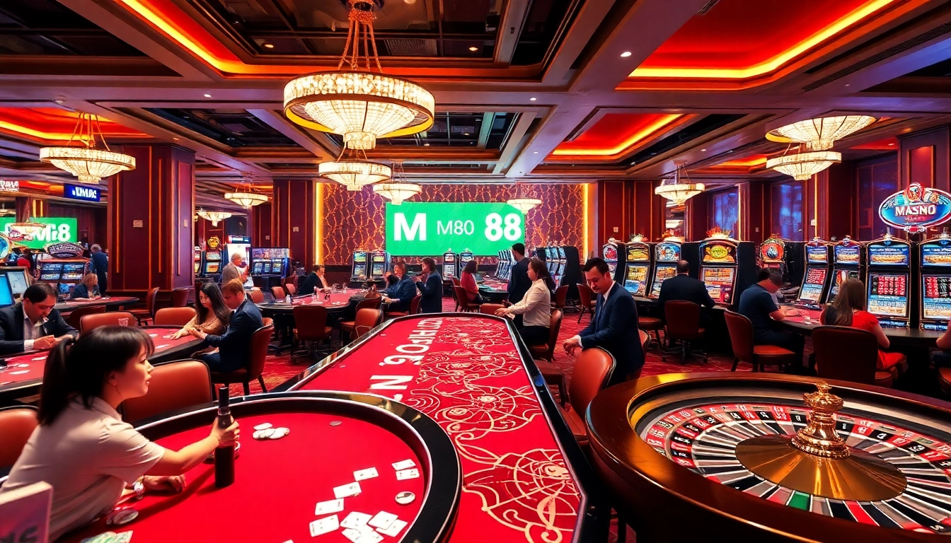 Players enjoying an exciting game at MM88 ZO casino tables filled with poker chips and cards.