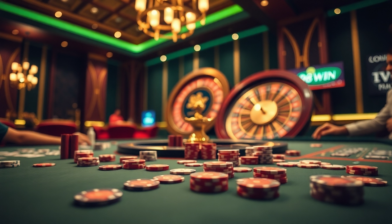 Experience thrill at the 98win gaming table with cards and chips in an engaging casino atmosphere.