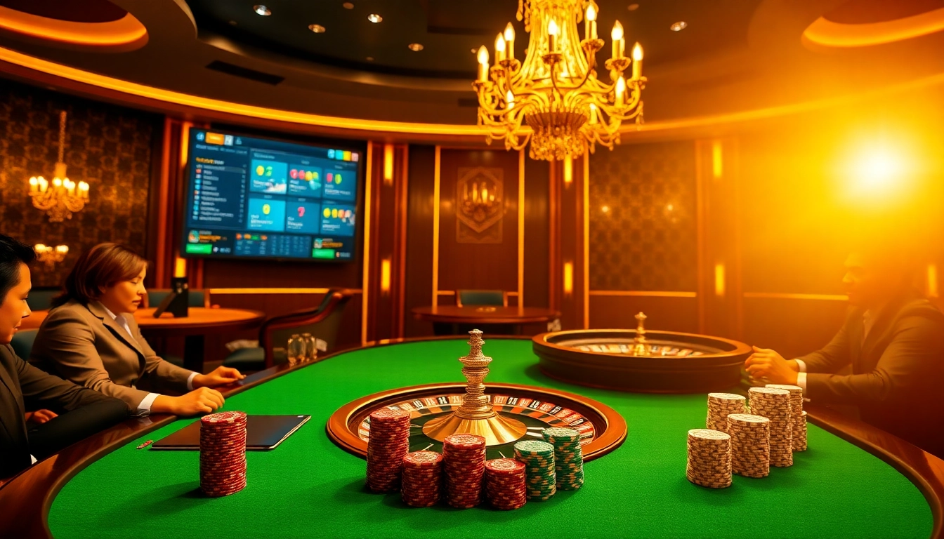 Engaging scene of players at Lc88 casino table, vibrant roulette wheel and sparkly chips.