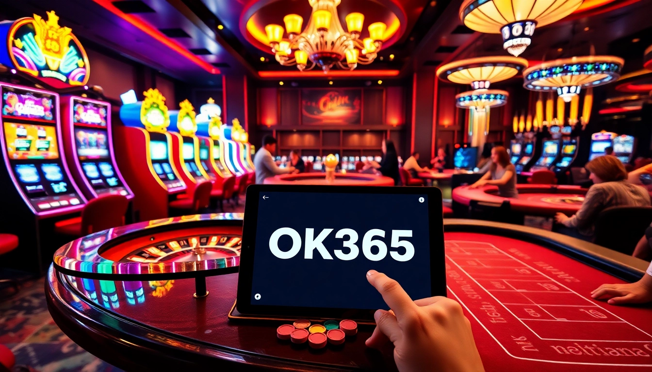 Experience thrilling gaming action at OK365 link with poker tables, slots, and roulette wheel.
