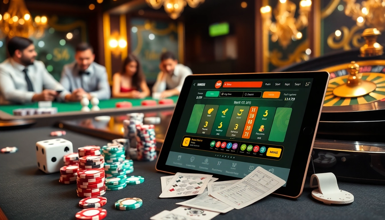 Experience high-stakes gambling at MM88's lavish casino setup with poker chips and dice.