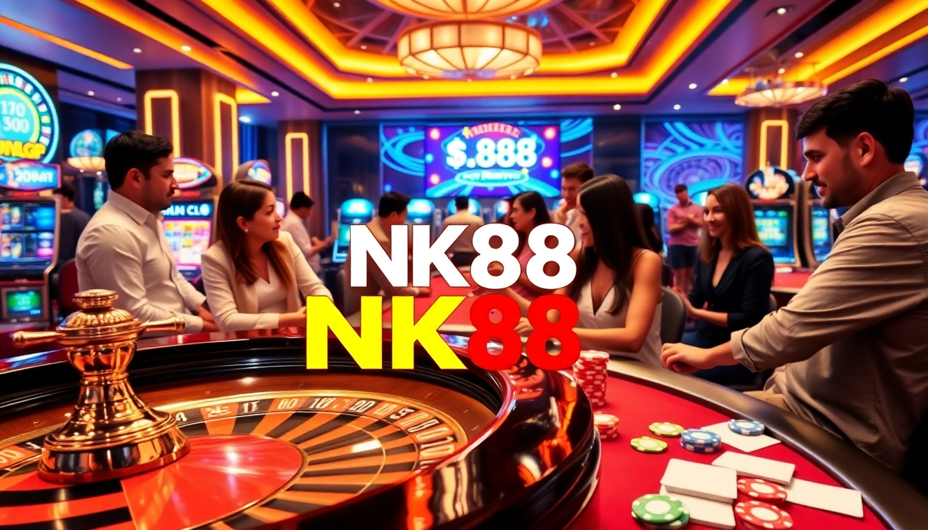 Players enjoy an exciting game at NK88 casino with vibrant poker chips and roulette wheel.