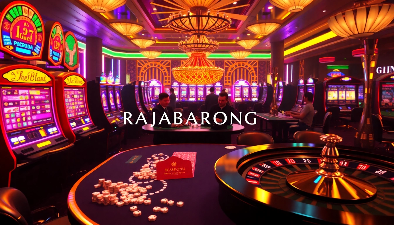 Experience the thrill of gambling with RAJABARONG in a luxurious casino atmosphere featuring poker, roulette, and colorful slot machines.