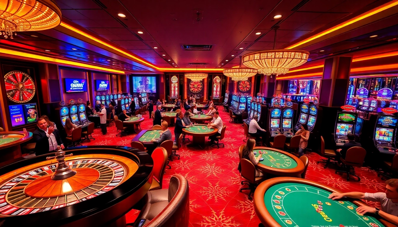 Experience thrilling gameplay at sky88 casino with vibrant tables, joyous players, and exciting slot machines.