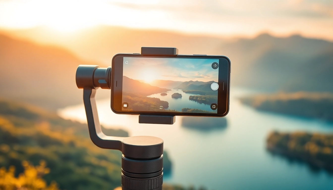 Professional phone gimbal stabilizing a smartphone during outdoor filming.