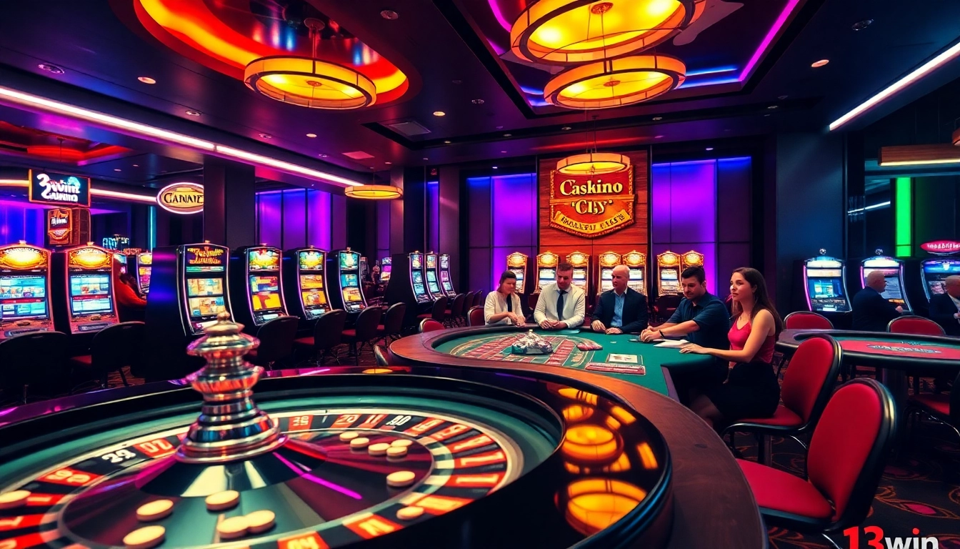Experience thrilling gameplay and excitement at 13win's luxurious gambling atmosphere with roulette and blackjack tables.