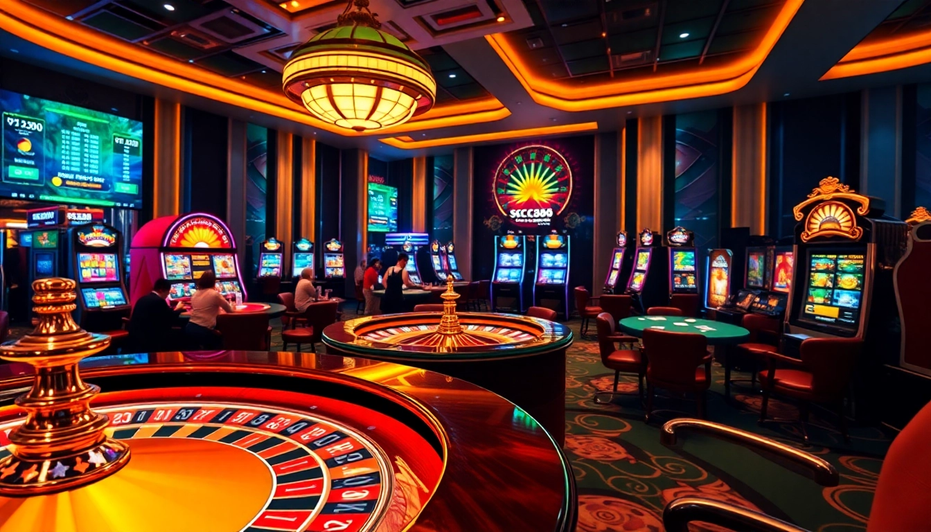 Experience SC88 cá cược excitement with a luxurious casino scene featuring vibrant slot machines and engaging players.