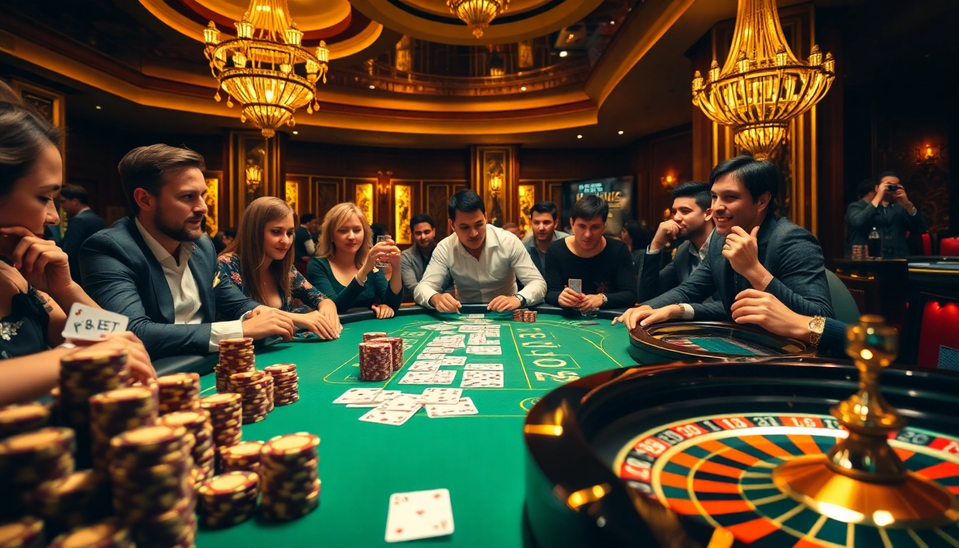 Players enjoying a thrilling game at F8 BET's luxury casino table with poker chips and cards.