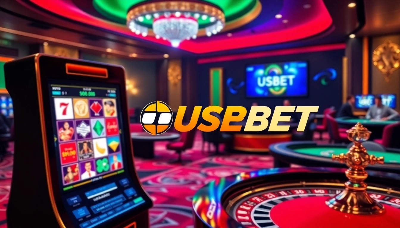 Experience the thrill of online gambling with USBET's exciting casino scene featuring vibrant slot machines and graceful dealers.