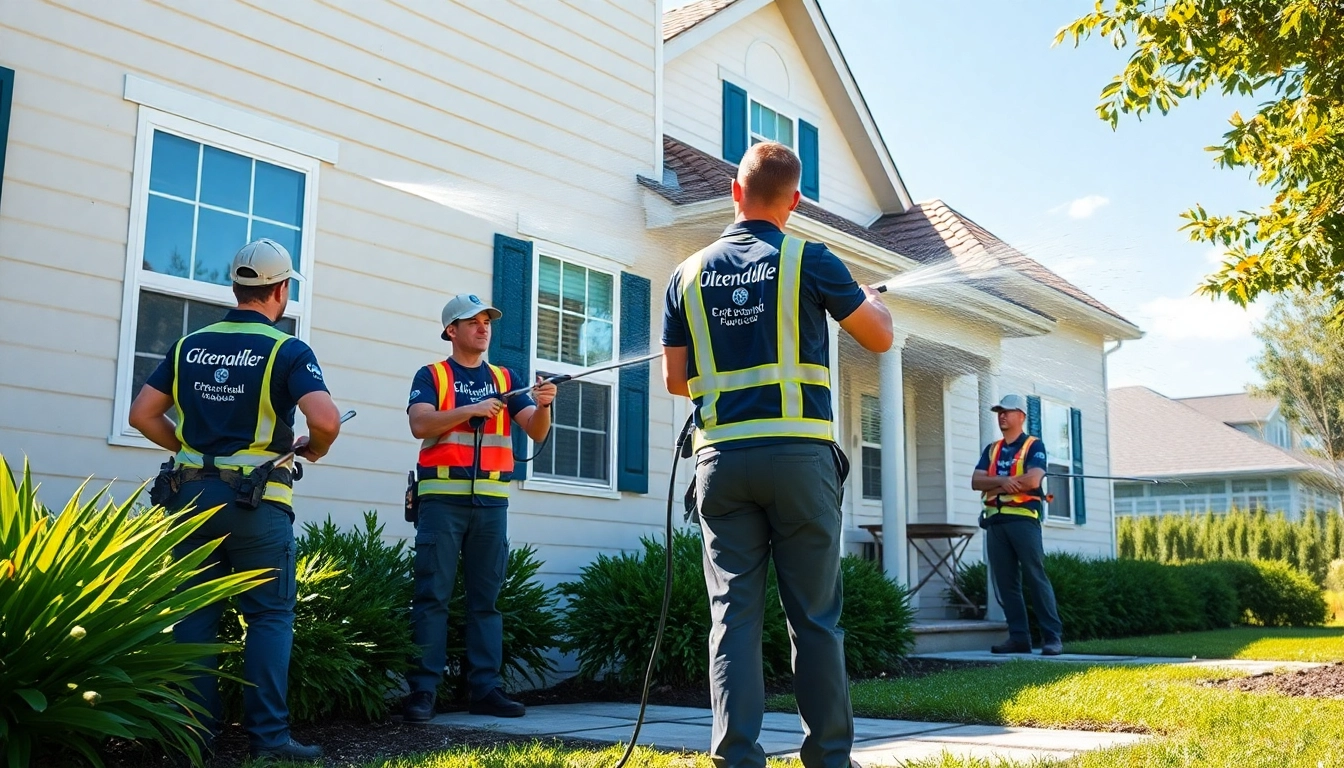 Soft wash technicians professionally cleaning a residential home in Kissimmee, FL, showcasing eco-friendly methods.
