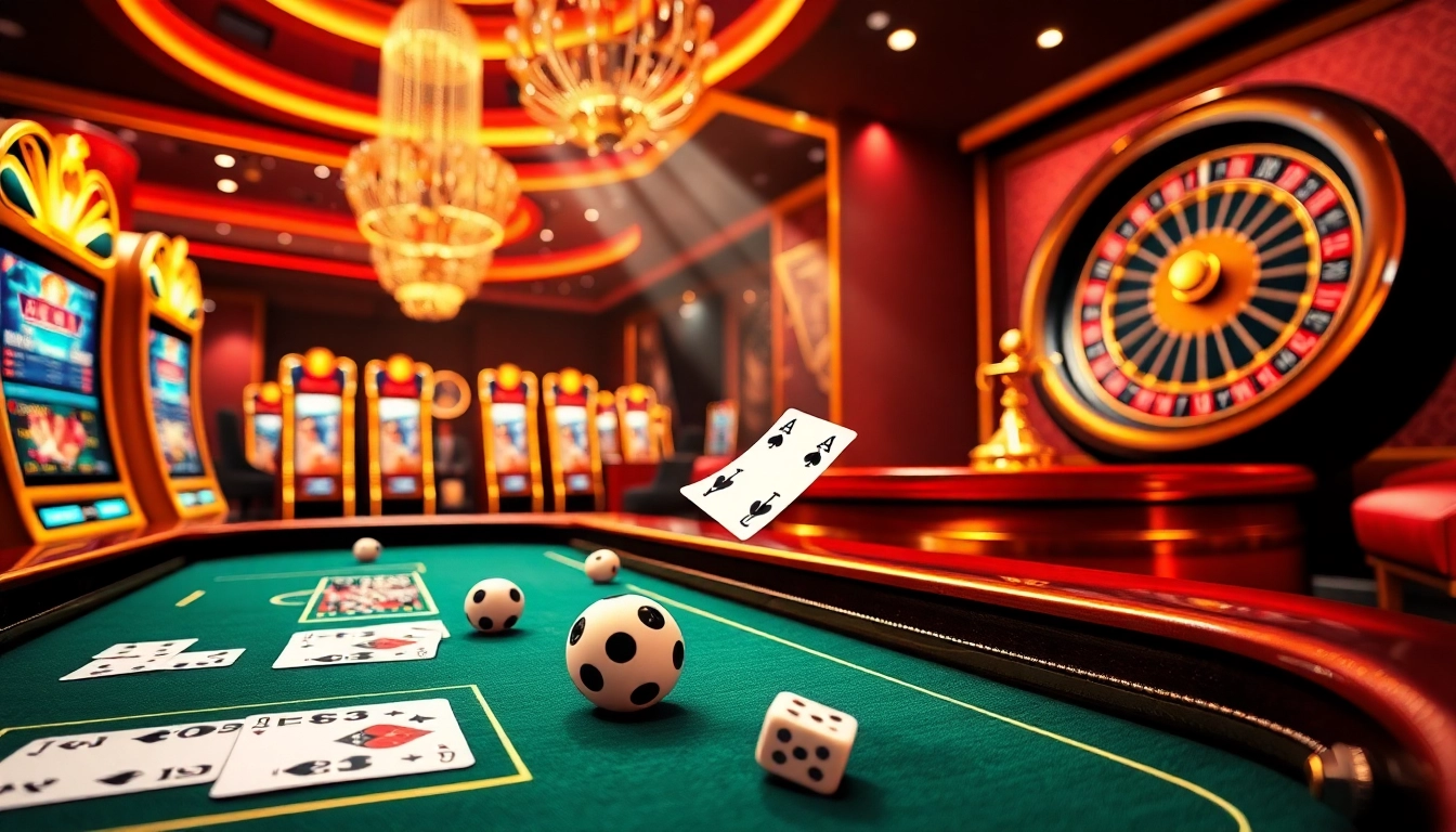 Experience the thrill of ingatbola88 with a dynamic online gambling scene featuring vibrant slot machines and a poker table.