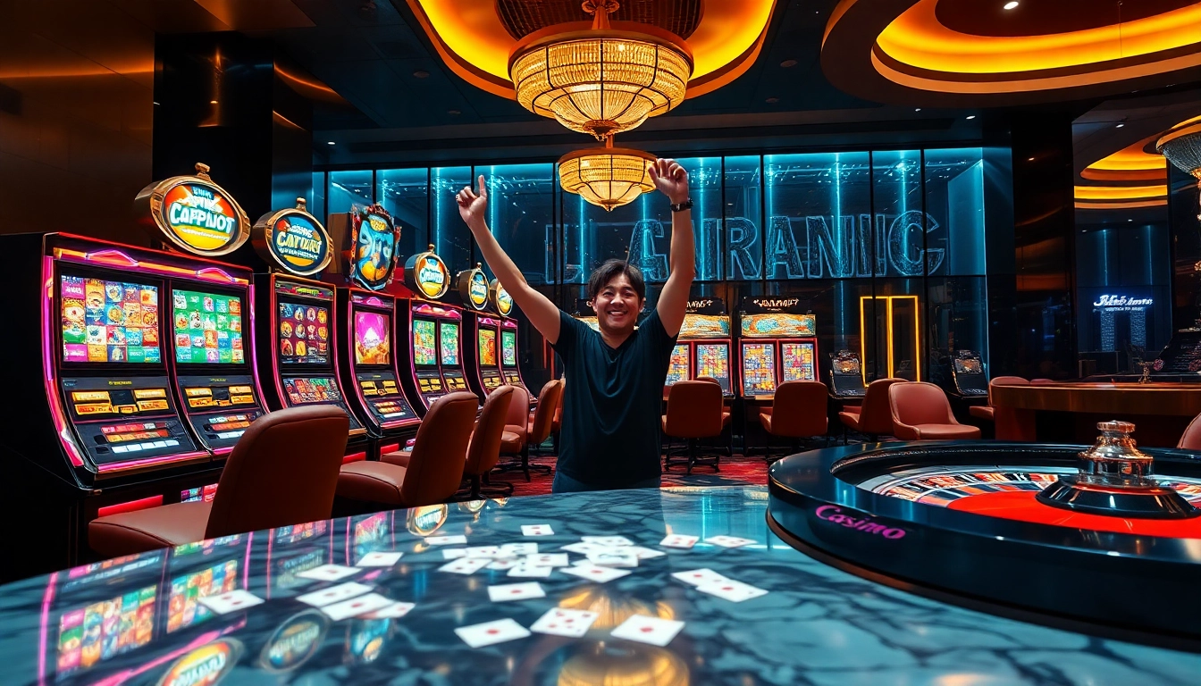 Nổ hũ đổi thưởng jackpot celebration in a luxurious casino with vibrant slot machines