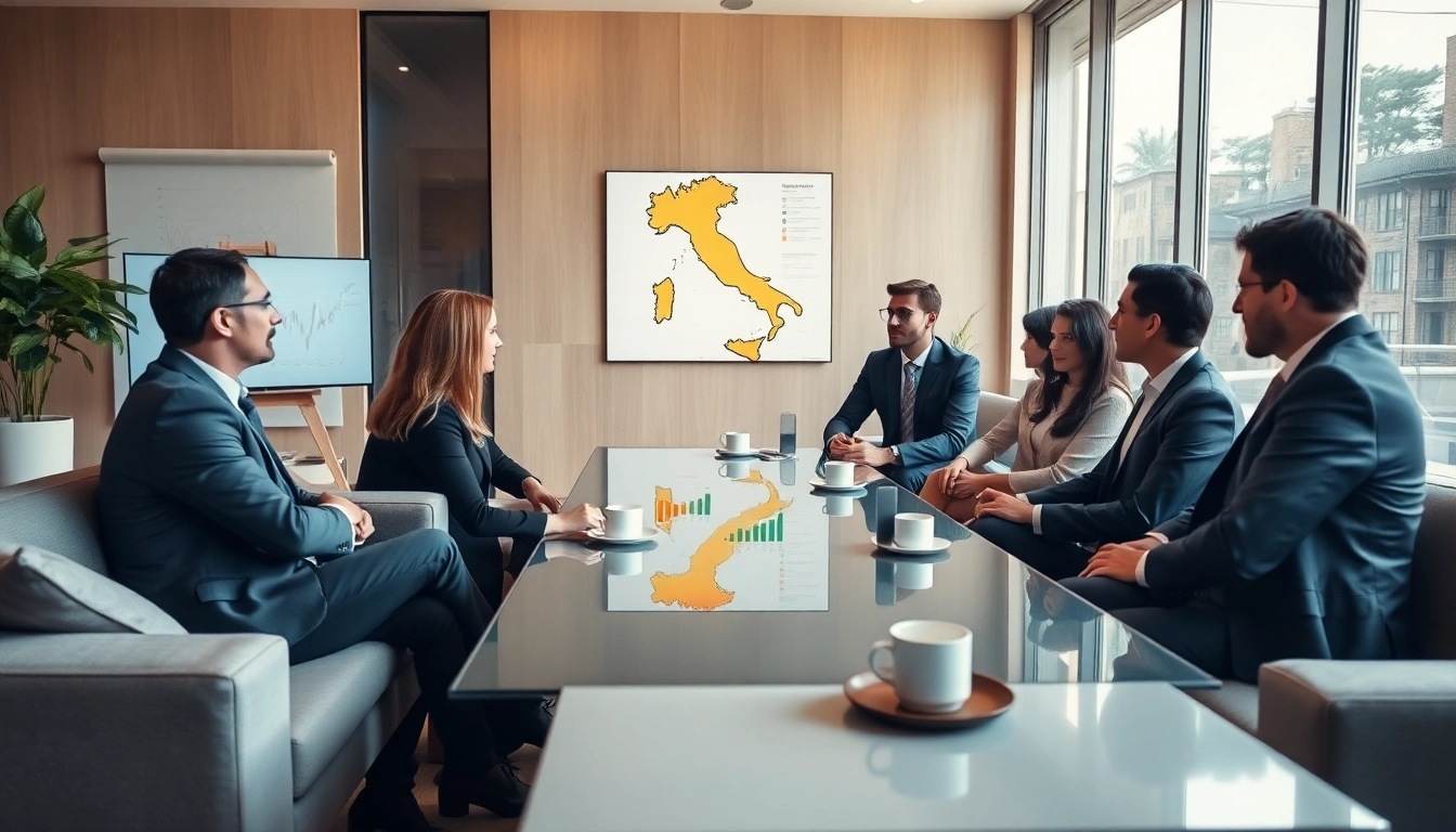 Acquistare un'azienda italiana, illustrata in una riunione d'affari professionale con persone di diversa origine che collaborano alle acquisizioni.