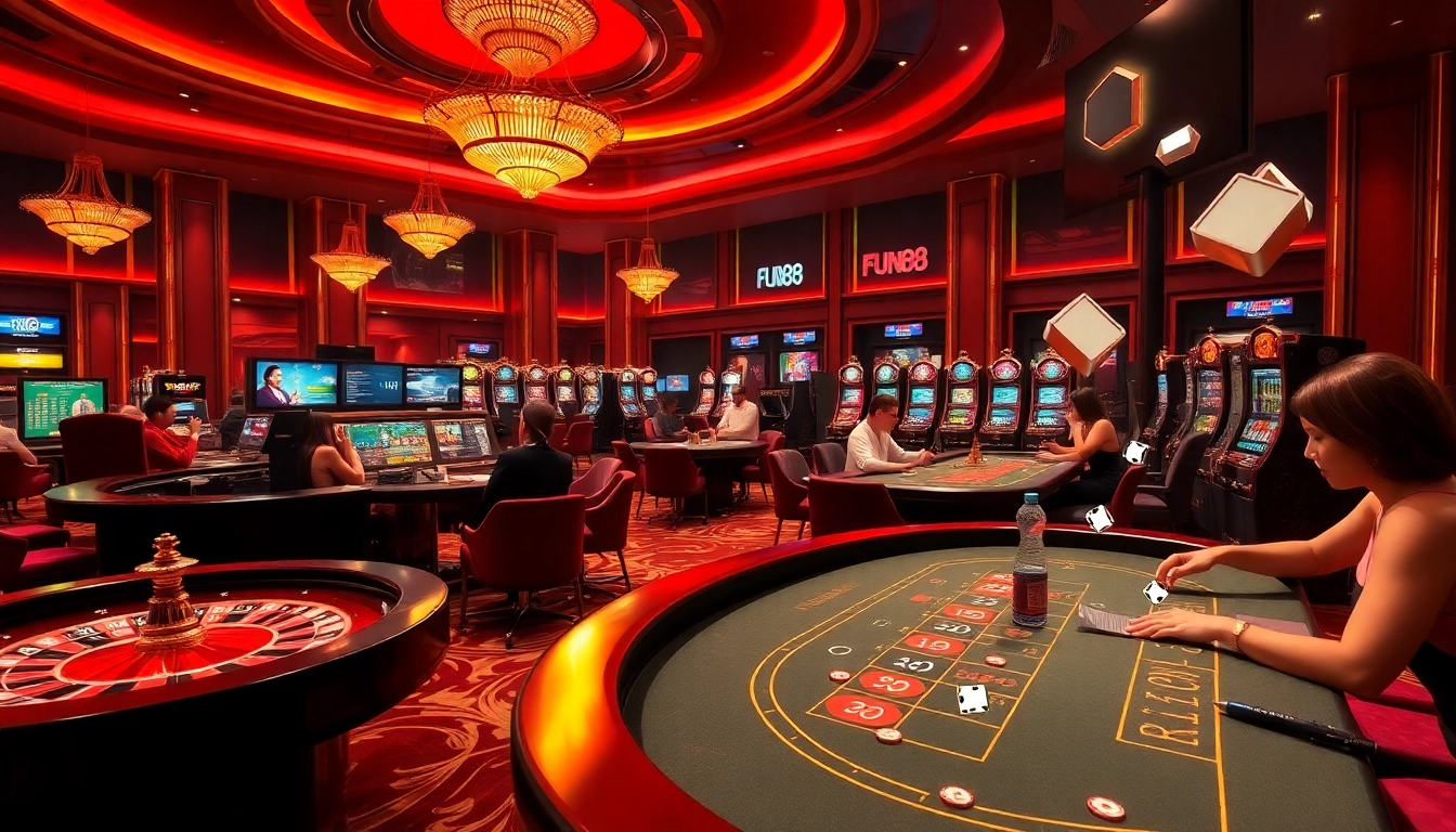 Fun88 casino environment with vibrant roulette wheel and engaged players at poker tables.