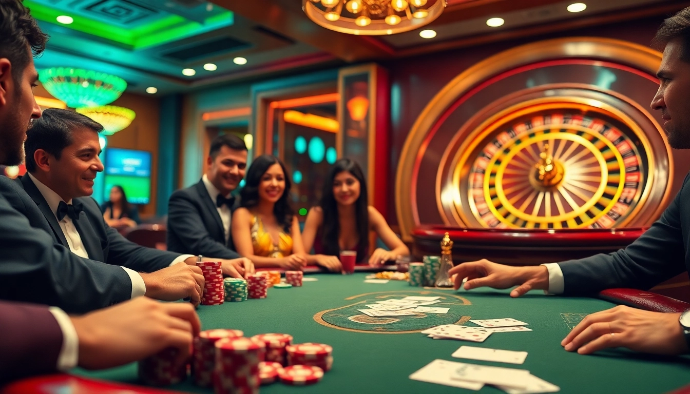 kp88 casino scene featuring an upscale poker table, colorful chips, and engaged players exuding excitement.