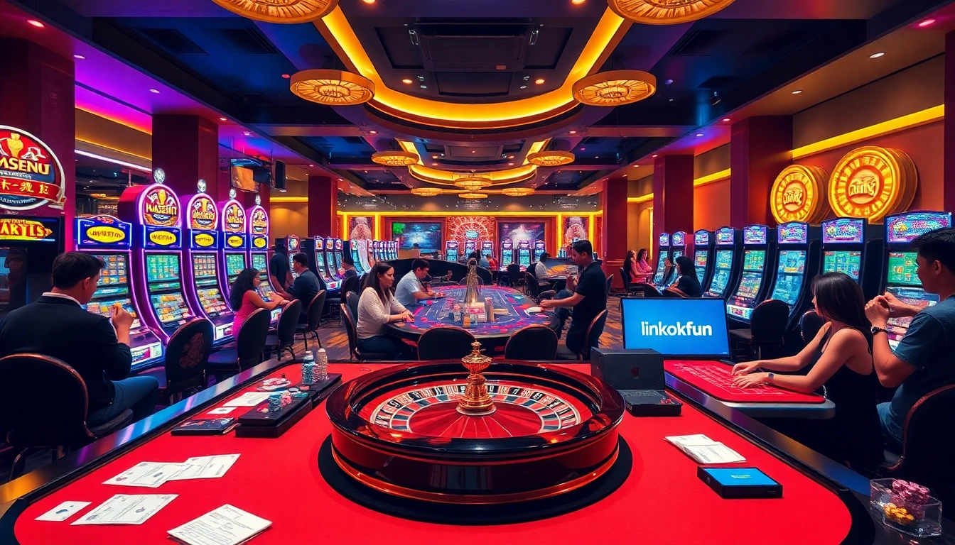 A vibrant casino interior depicting excitement and energy with players enjoying various games at the link okfun gaming tables.