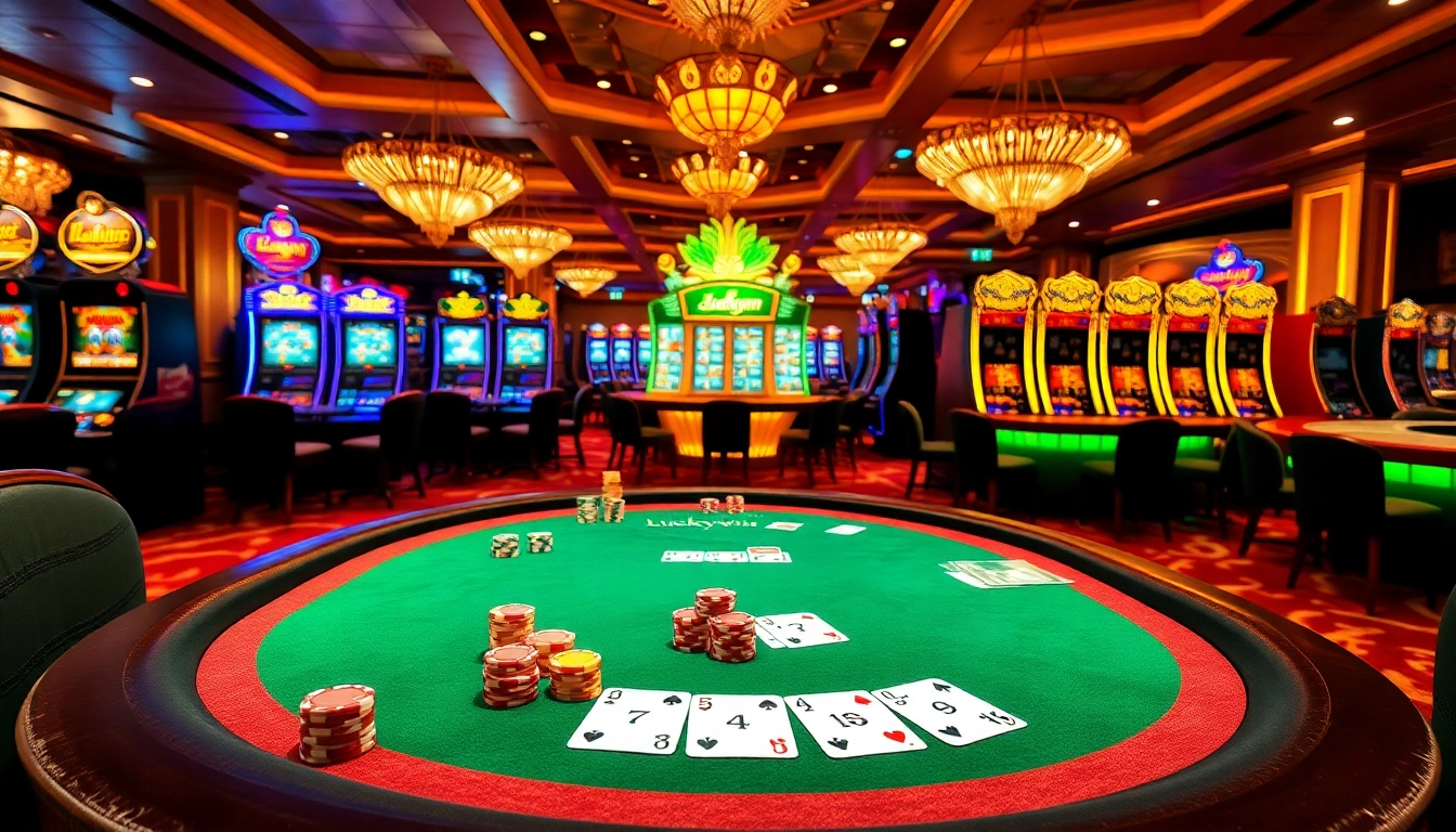 Experience the thrill of Luckywin at a high-stakes gaming table with poker chips and cards.