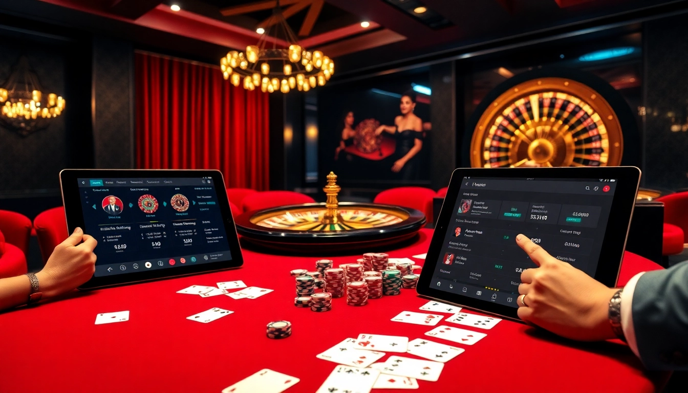 Players enjoying a high-stakes poker game at J8 casino with elegant decor and vibrant chips.