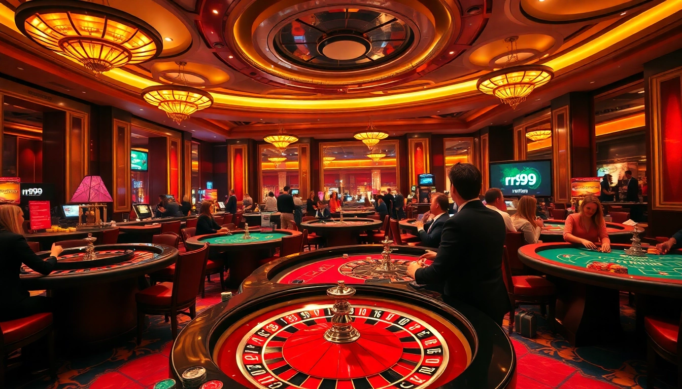 Players engaging passionately at poker tables in a luxurious casino featuring rr99-themed decor.