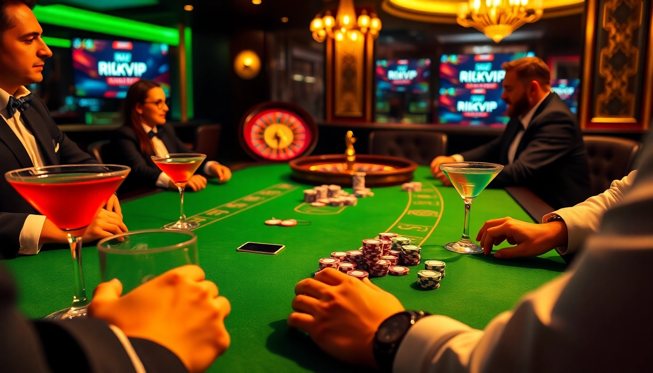 Experience thrilling poker action with rikvip at a luxurious casino table with chips and drinks.