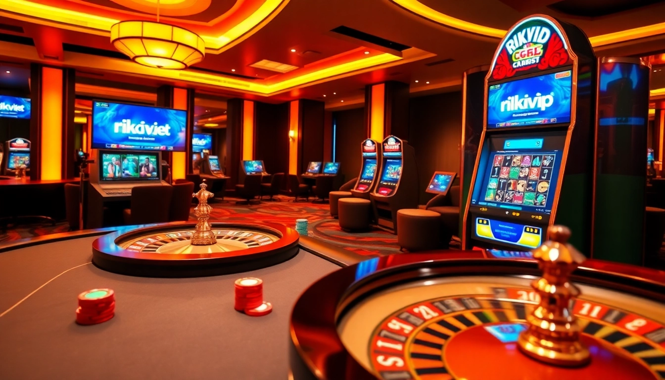 Experience the excitement of online gambling at rikvip.gb.net with a dazzling casino scene.