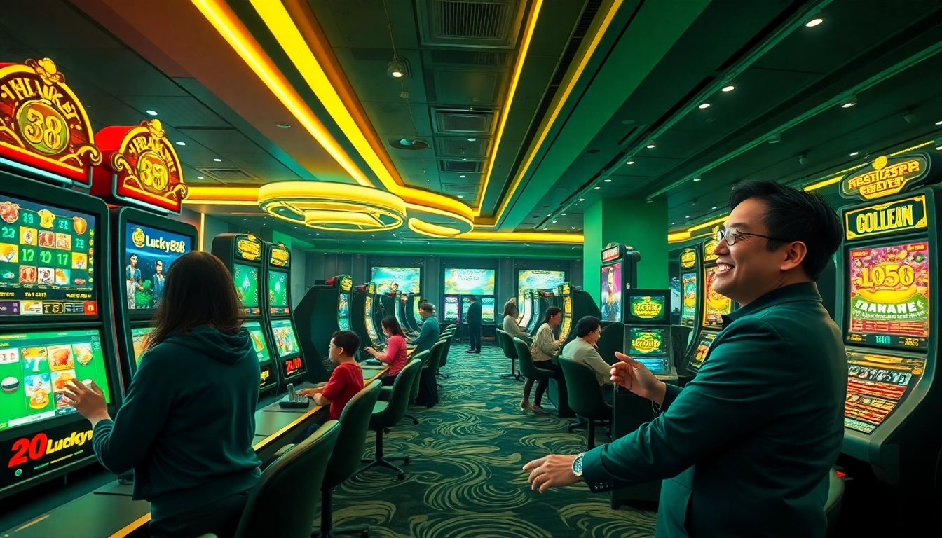 Exciting scene of players engaging with online gambling games at lucky88, showcasing slots and card tables.