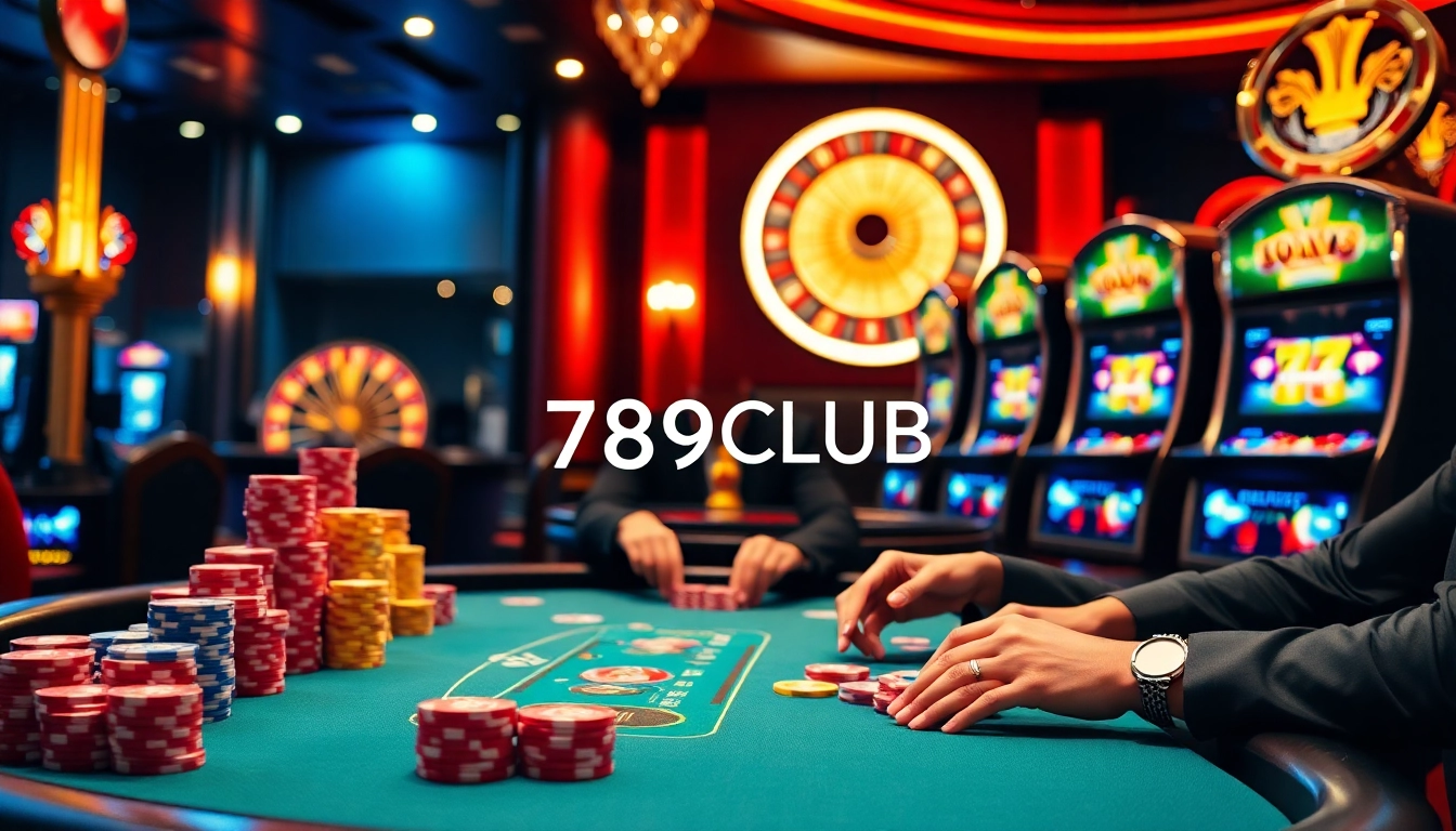 Engaging players at a vibrant 789CLUB casino table with chips and cards.