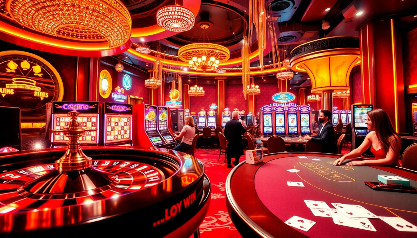 #luckywin celebrates a thrilling casino experience with vibrant roulette wheels and colorful slot machines.
