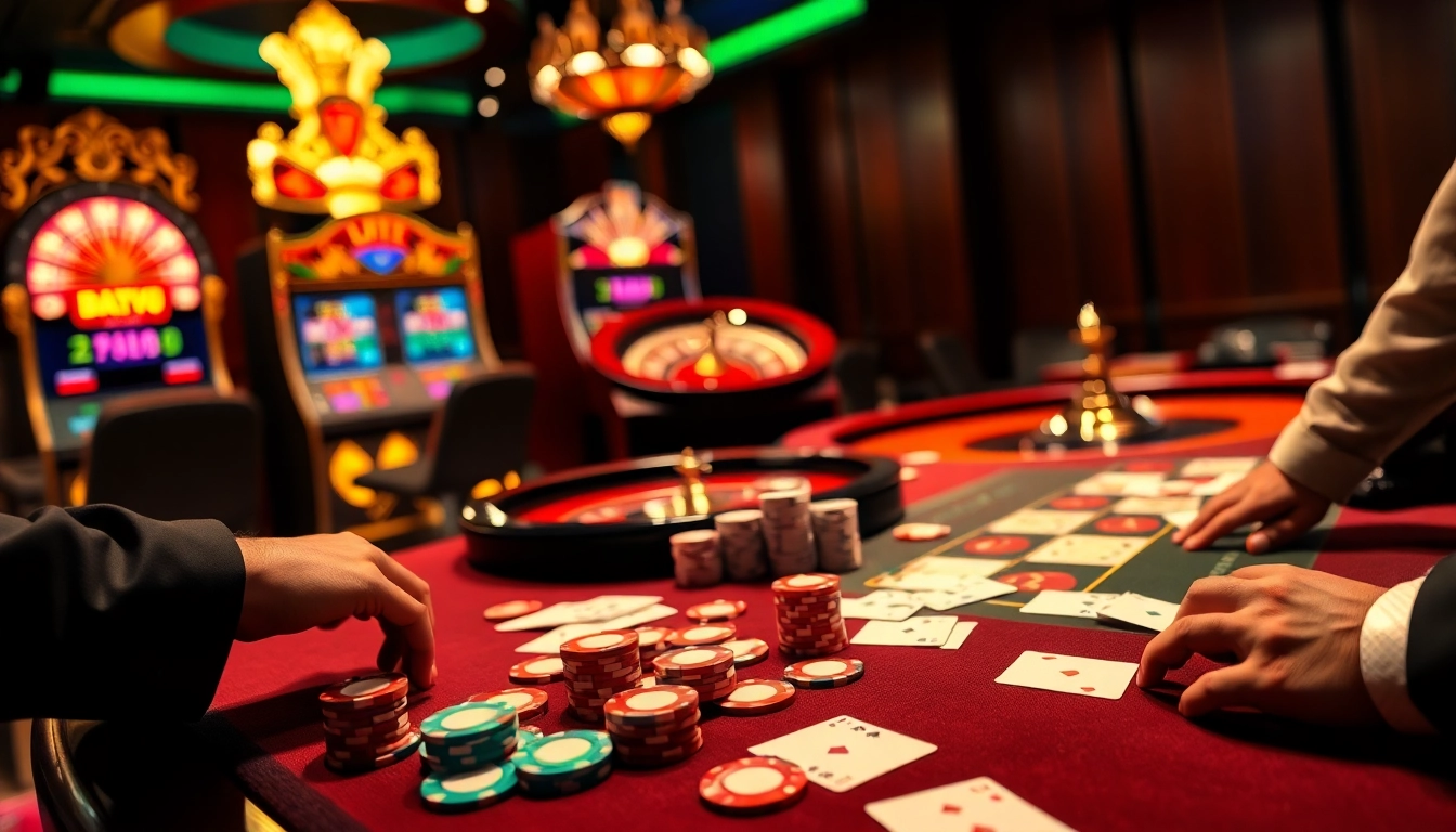 Engaging scene of Nhà Cái LC88 casino with poker, roulette, and vibrant gaming elements.