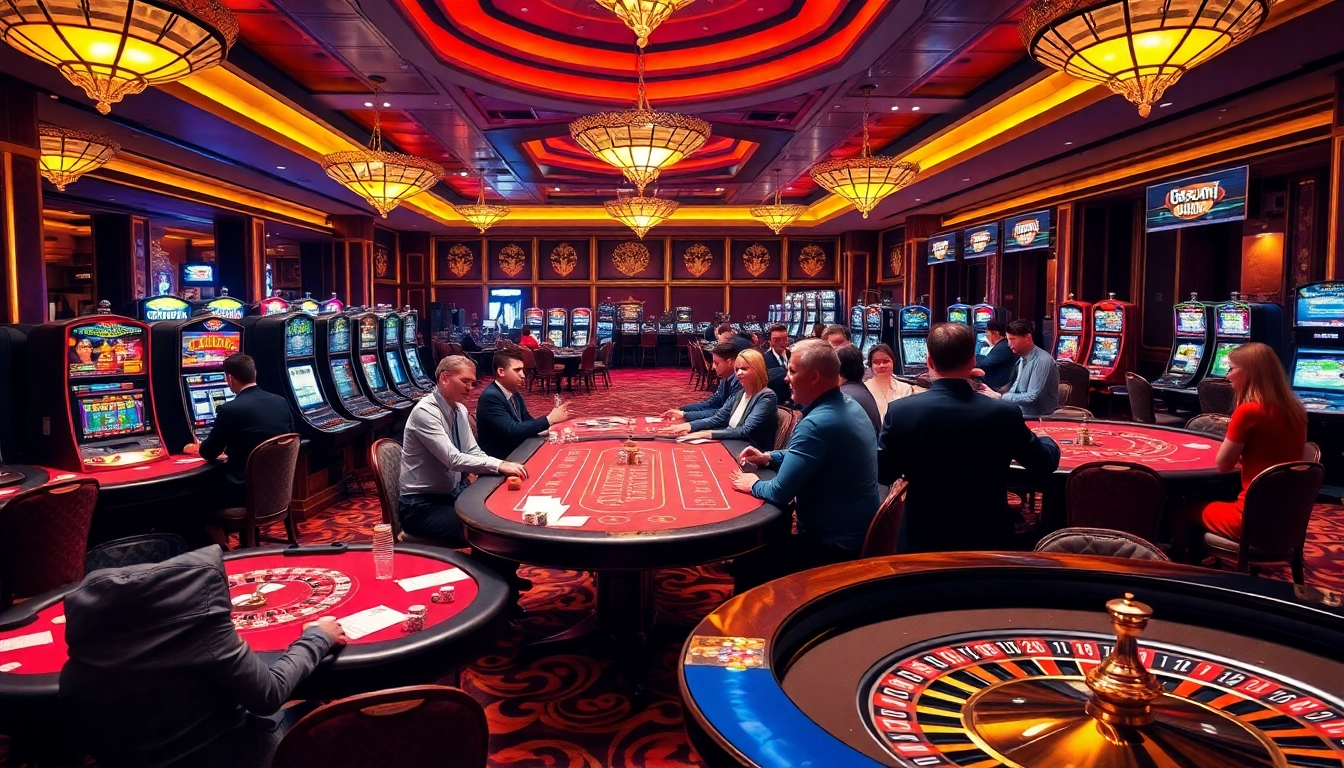 Players engaged at the dynamic 88aa casino tables with vibrant slot machines in view.