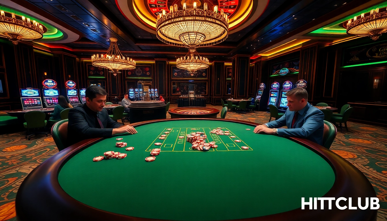 Engaging in high-stakes poker at HITCLUB casino with vibrant chips and neon lights.