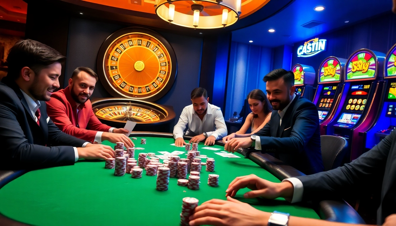 Participants enjoying an exciting poker game at https://98wincom.best/, showcasing vibrant casino colors and atmosphere.