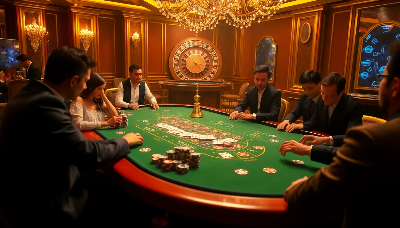 Players strategizing at a poker table in a vibrant casino setting, highlighting 88i excitement and luxury.