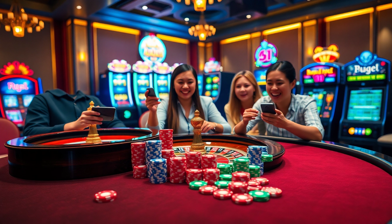 Players enjoying the mu88 app experience at an elegant casino table with poker chips and roulette wheel.