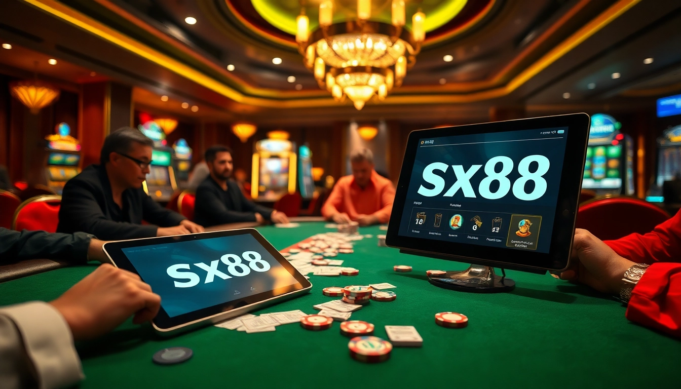 Players engaging at a sx88 poker table, surrounded by vibrant casino elements and excitement.
