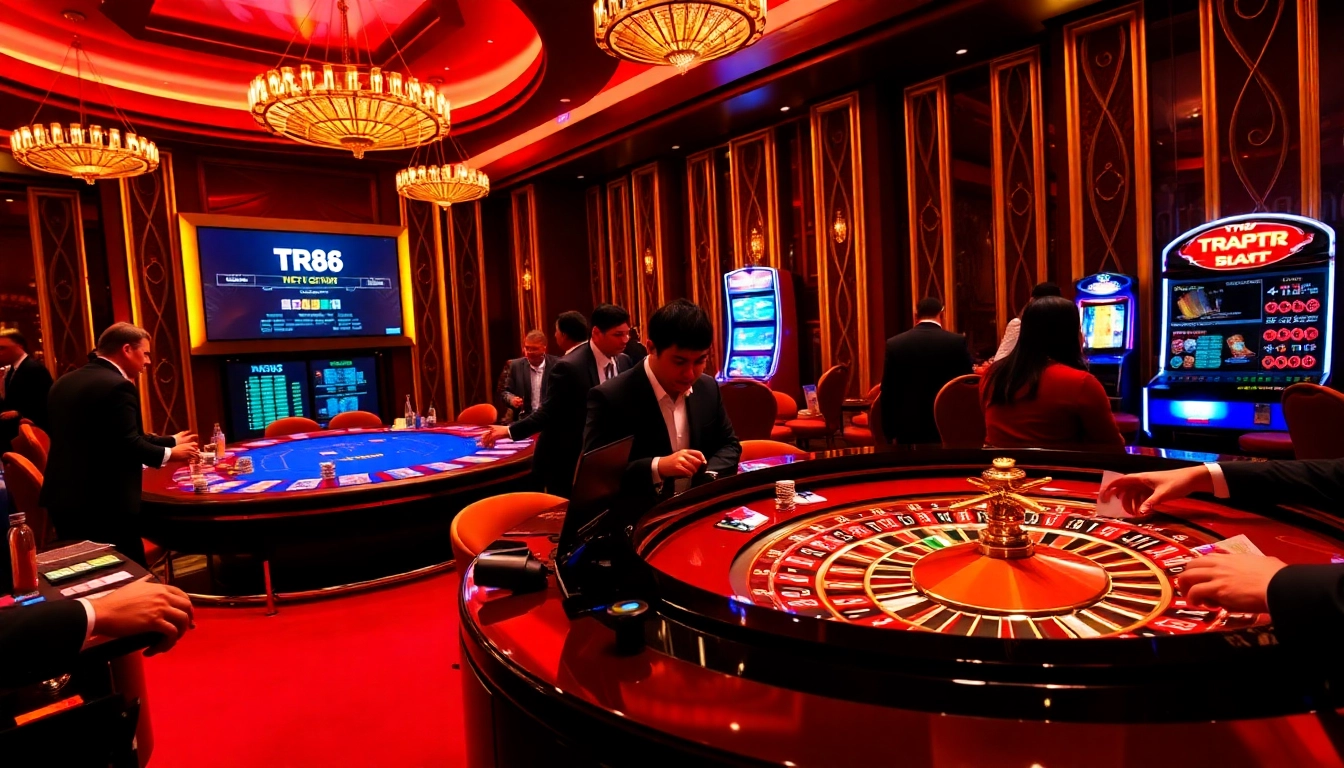 Players engaging in high-stakes gambling with TR88 betting odds displayed at an upscale casino.