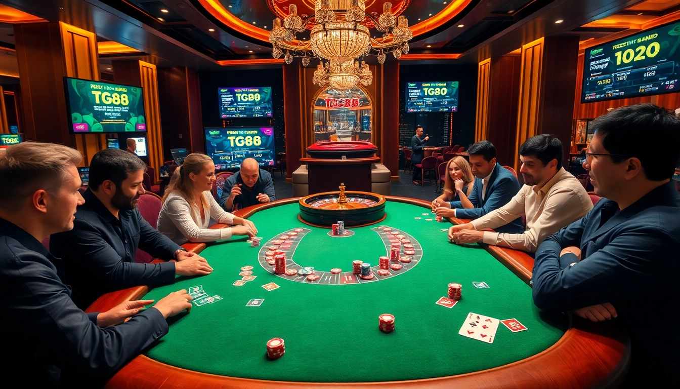 Players engaged in an exciting poker game at TG88 casino, showcasing vibrant poker chips and cards.