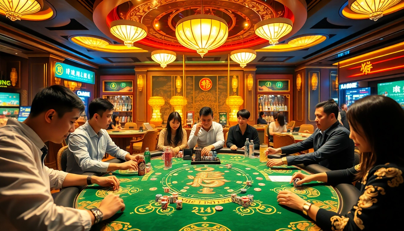 Xóc Đĩa players engaged in a thrilling game at a vibrant casino table with colorful chips and dice.