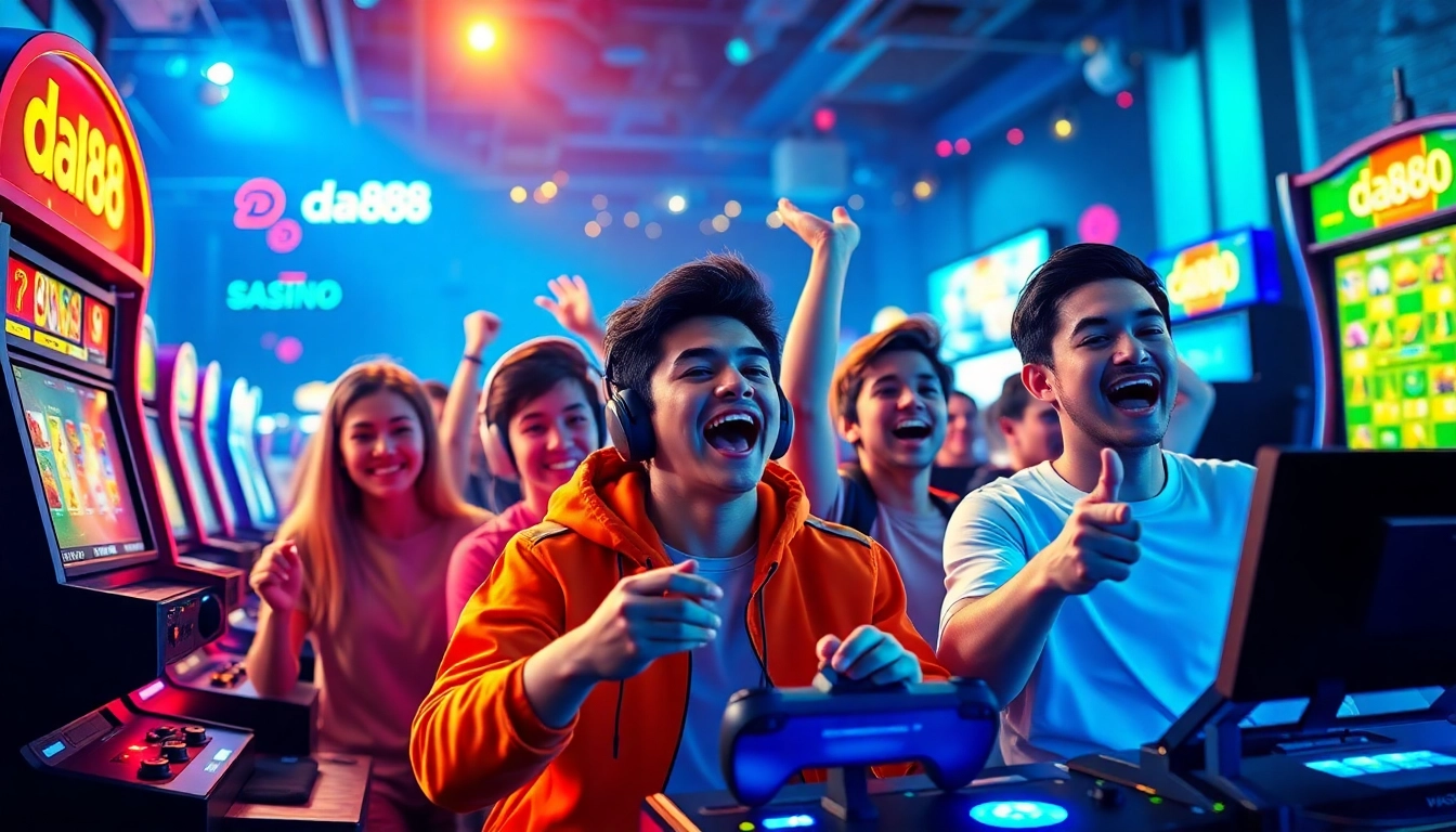 Exciting online gaming scene featuring da88, showcasing diverse gamers and vibrant game elements.