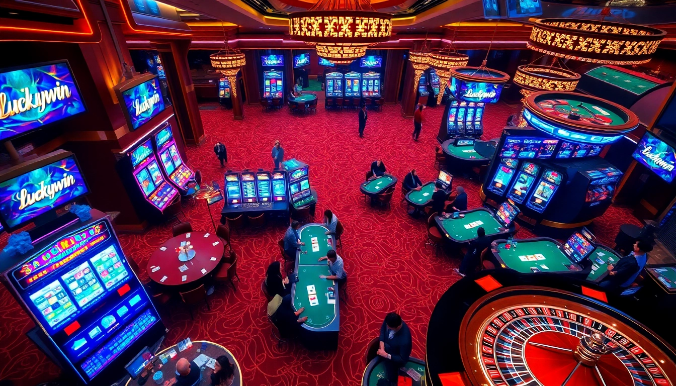Luckywin players engaging in a thrilling casino atmosphere filled with vibrant slot machines.